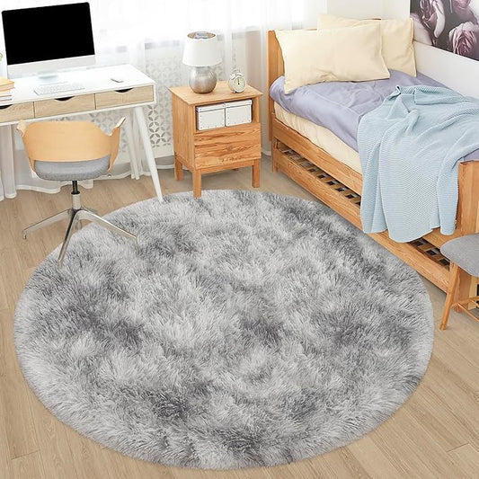 5x5 ft Tie Dye Grey Round Rug for Bedroom Room Fluffy Circle Rug Furry Carpet Shaggy Circular Fuzzy Washable Non-Slip Large Area Rug Soft Indoor for Living Room Cute Aesthetic Home Decor