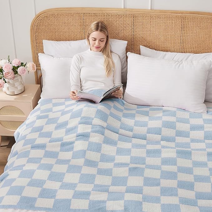 Checkered Throw Blanket Soft & Cozy Blanket for Bed, Couch, and Sofa Lightweight Stylish Versatile Blanket Home Decor for All Seasons Throws Blanket Dusty Blue 50x60 Inches