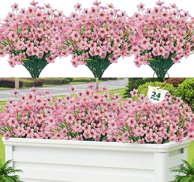 Lnoicy 24 Pcs Artificial Flowers for Outdoor,Plastic Flowers Decoration, UV Resistant Faux Flowers Shrubs, Artificial Plants for Indoor Outside Garden Home Wedding Farmhouse(Pink)