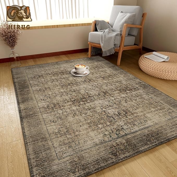 Washable Area Rug 9' x 12' Vintage Traditional Persian Mat - Foldable Distressed Non-Slip Machine Washable Carpet for Living Room Bedroom Kitchen Home Decor - Mocha and Taupe