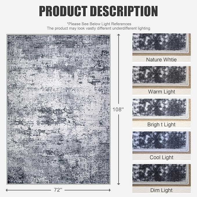 6x9 Area Rug Living Room Rug: Washable Modern Abstract Soft Thin Rug Indoor Floor No Slip Stain Resistant Carpet for Bedroom Dining Room Farmhouse Nursery Home Office - Grey