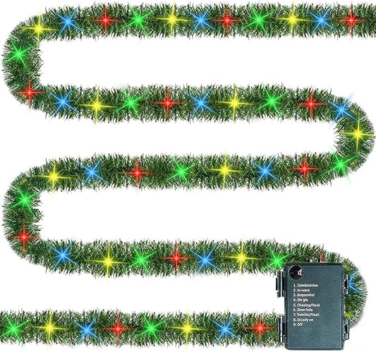 TW SHINE 30 FT Pre-Lit Christmas Garland Decorations, 100 LED Lighted Artificial Pine Garlands with 8 Modes, Green Garland for Indoor Outdoor Door Home Stairs Holiday Decor, Multi-Colored