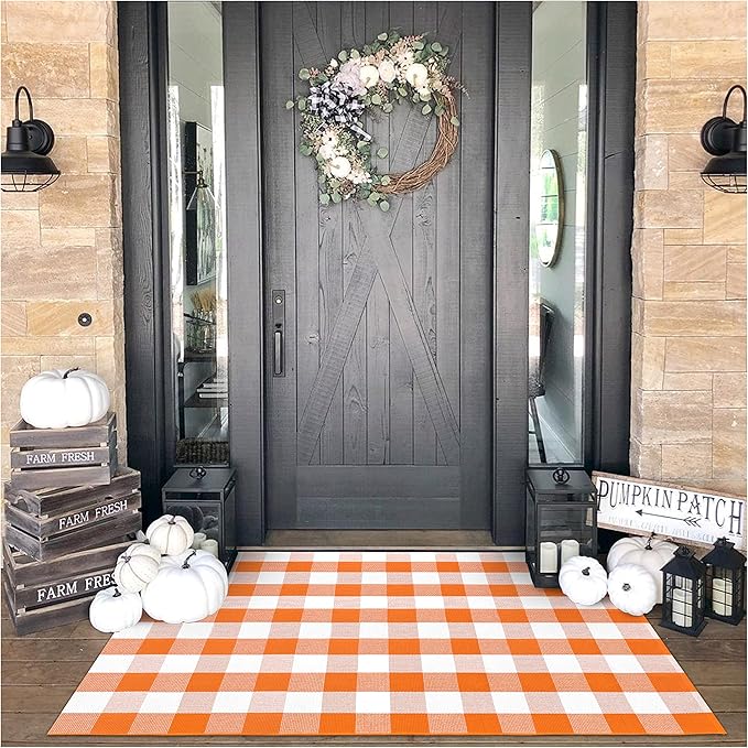 KOZYFLY Buffalo Plaid Rug 4x6 Ft Orange and White Outdoor Rugs Washable Checke Orange Rug Cotton Hand-Woven Halloween Door Mat Outdoor Indoor Fall Area Rugs for Front Door Patio Kitchen Bedroom