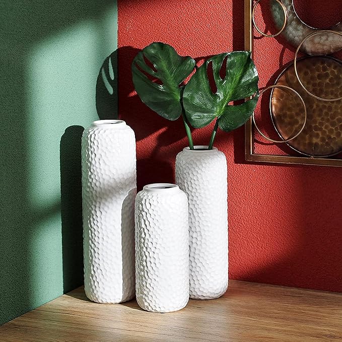 Hosley Set of 3 White Ceramic Honeycomb Vase Tall 12 Inch Medium 10 Inch Short 8 Inch High Each. Ideal Gift for Wedding Special Occasion Dried Floral Arrangements Home Office Spa