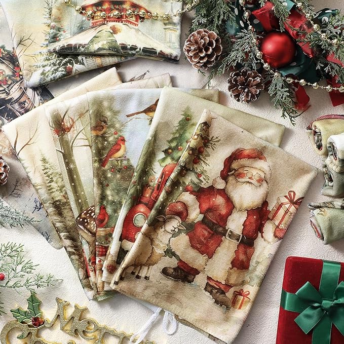 12 Pcs Christmas Kitchen Towels and Dishcloths Absorbent Christmas Tree Reindeer Truck Hand Dish Towels Decoration for Xmas Home Gift Supplies, 14.2 x 21.3 Inch(Vintage Style)