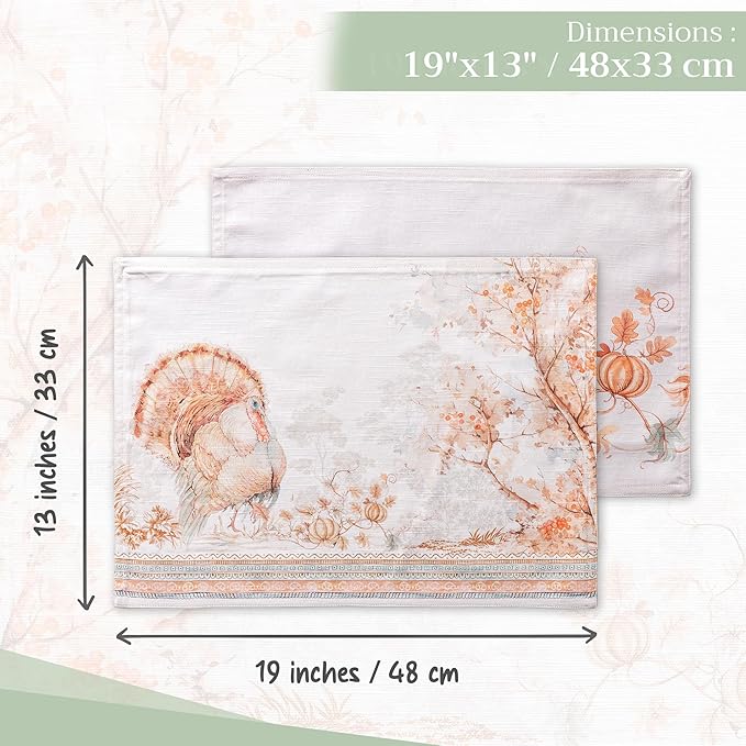 Maison d' Hermine Placemats Set of 4 100% Cotton Washable Cloth Place Mats, Reusable Table Mats for Kitchen Dining Decoration, Party, Wedding, Restaurant (Giving Thanks, 13" x 19")