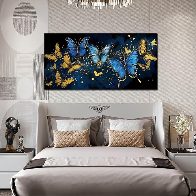 Butterfly Canvas Wall Art for Living Room - Modern Wall Art Office - Blue and Gold Butterfly Wall Art for Bedroom Size 29" x 59"