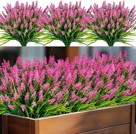 Artificial Flowers for Outdoor Plants 24 Bundles Fake Lavender Plastic Faux Monkey Grass for Verandah Window Garden Office Patio Front Porch UV Resistant for Planter(Pink)