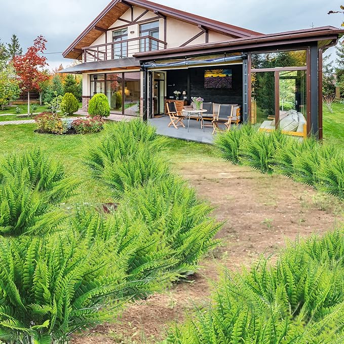 8 Bundles Ferns Artificial Plant Flower Outdoor Fake Boston Fern Bushes UV Resistant Plastic Faux Fern Greenery Stems Leaves for Home Indoor Outside Ground Porch Garden Arrangements Décor