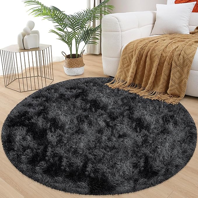 4x4 ft Tie Dye Black Round Rug for Bedroom Room Fluffy Circle Rug Furry Carpet Shaggy Circular Fuzzy Washable Non-Slip Large Area Rug Soft Indoor for Living Room Cute Aesthetic Home Decor