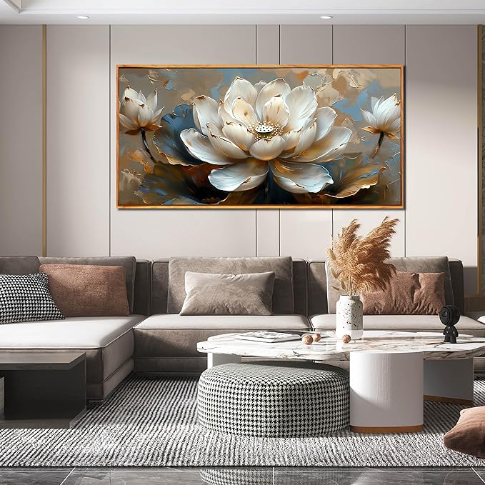 White Lotus Painting Wall Art for Living Room - Gold Flower Wall Decor for Office - Framed Wall Art for Bedroom Size 29" x 59"