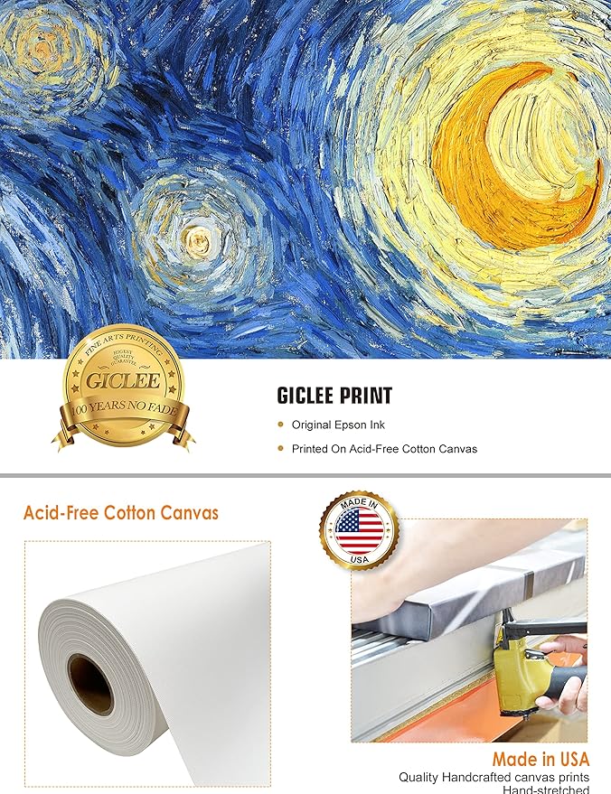 DECORARTS - Starry Night, Vincent Van Gogh Art Reproduction. Giclee Canvas Prints Wall Art for Home Decor. 20x16