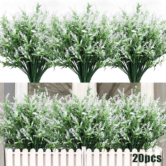 Outdoor Artificial Plant UV Resistant Fake Plants, Faux Plastic Greenery for Indoor Outside Hanging Plants Garden Porch Window Box Home Wedding Farmhouse Décor Outdoor Decorations for Patio (White)