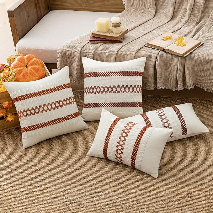 MIULEE Set of 2 Burnt Orange Fall Decorative Lumbar Pillow Covers 12x20 Inch Farmhouse Rustic Boho Couch Throw Pillows Modern Cushion Covers Retro Cute Macrame Woven Home Decor for Bed Sofa Chair