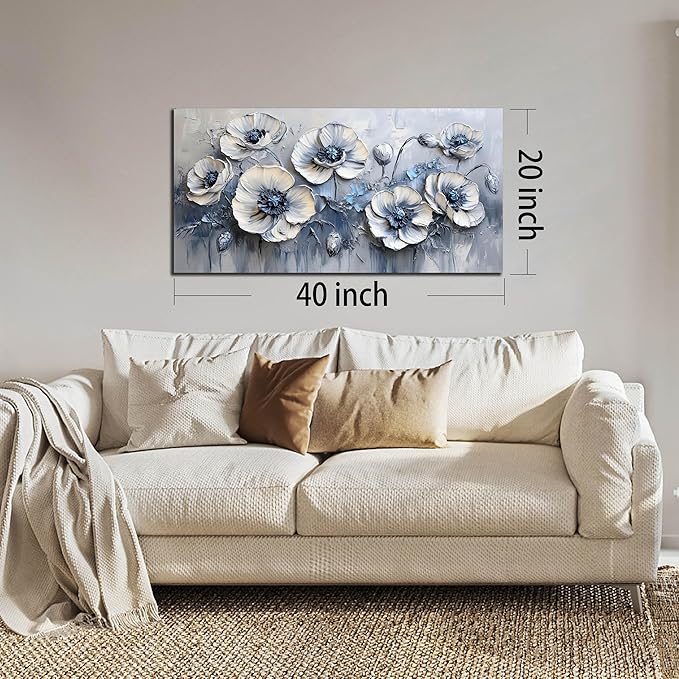 AOZEMI Flower Wall Decor for Bedroom White Canvas Wall Art Blue Wall Picture Artwork for Living Room Office 20" x 40"