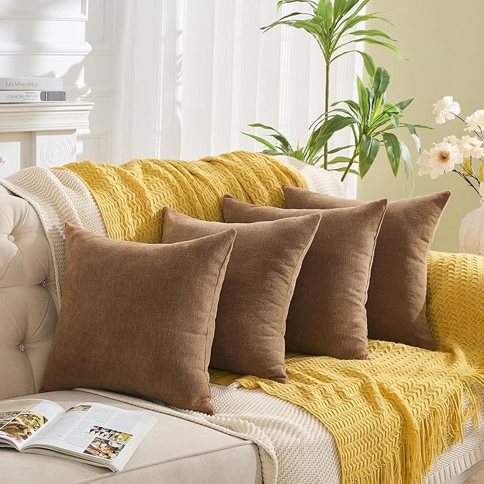 GAWAMAY Decorative Square Throw Pillow Covers 18x18 Inch Set of 4, Super Soft Chenille Pillows Cover Fall Pillowcase for Living Room Bedroom Sofa Couch Cushion Cover Brown 45x45cm (No Inserts)