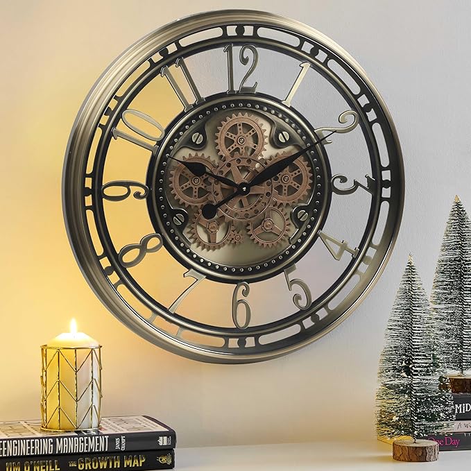 CLXEAST 28 Inch Large Moving Gear Wall Clock for Living Room Decor, Modern Farmhouse Wall Clock for Home Office,Brass Gold,House Warming Gifts New Home