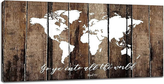 Large World Map Wall Art Rustic World Map Pictures Wall Decor Go Ye Into All The World And Preach The Gospel Canvas Painting Print Home Artwork Framed for Living Room Bathroom Master Bedroom 60"x30"
