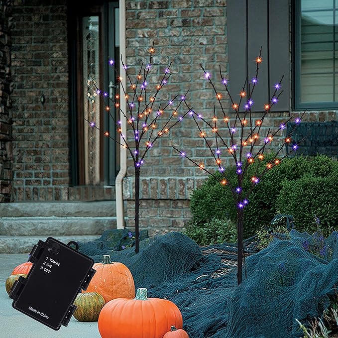 Lighted Halloween Tree Branches, 30IN 100LED Artificial Black Twig Branch with Purple&Orange Fairy Lights, Built-in Timer & Battery Operated, Waterproof for Outdoor Pathway Lawn Garden Decorations