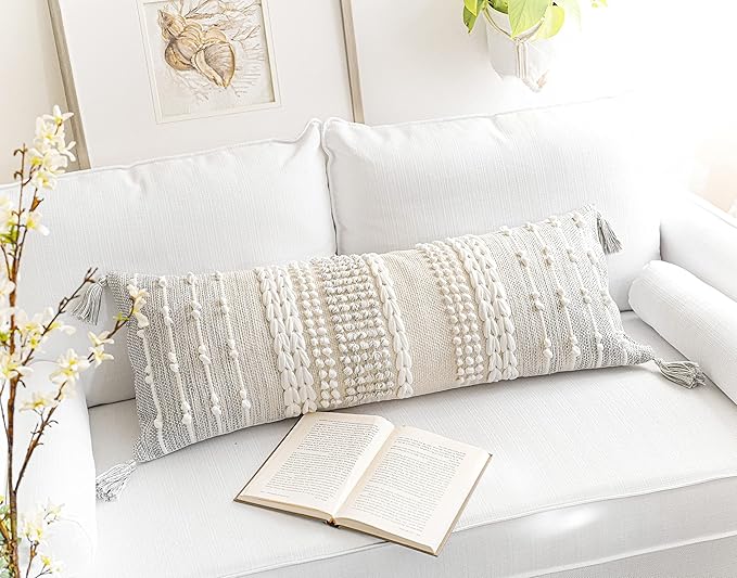Gray Decorative Lumbar Pillow Cover 14x36, Boho Long Throw Pillow for Bed, Accent Lumbar Throw Pillow Case, Modern Farmhouse Textured Lumbar Cushion (Cover ONLY)