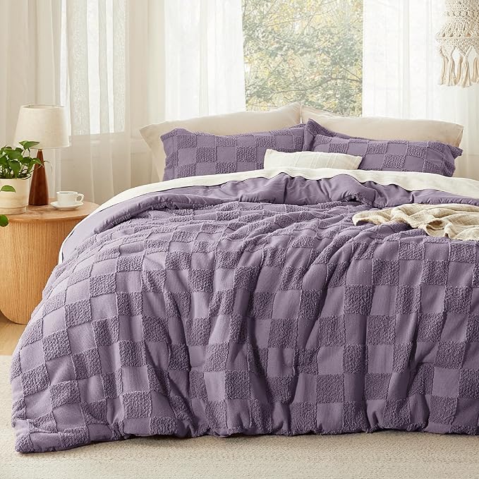 Bedsure King Size Comforter Set Grayish Purple, Boho Tufted Bed Set, Checkered Farmhouse Shabby Chic Bedding, 3 Pieces, 1 Plaid Geometric Comforter and 2 Pillow Shams