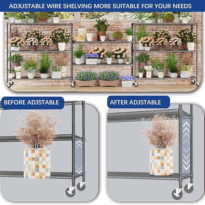 Heavy Duty Shelving, 76.2" H Garage Shelving Unit with Wheels, 4-Tier Garage Storage Shelves Metal Shelves Rack, Adjustable Industrial Shelving for Warehouse Storage, 60" W x 24" D x 76.2" H, Black