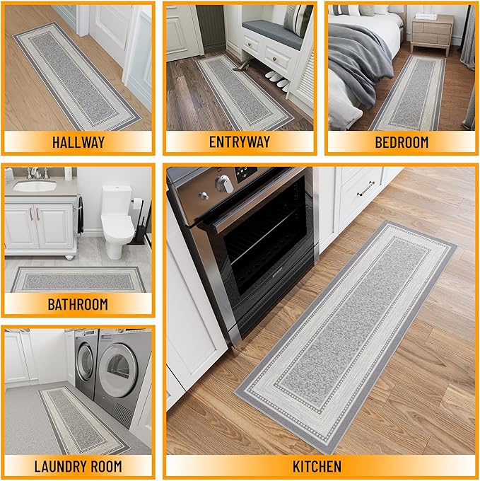 Ottomanson Hallway Runner Rug 20" x 59" Non Slip Border Area Rugs Easy to Clean Laundry Rug Runner Durable & Pet Friendly Floor Carpet Runners for Hallways Entryway Living Room Kitchen, Light Gray
