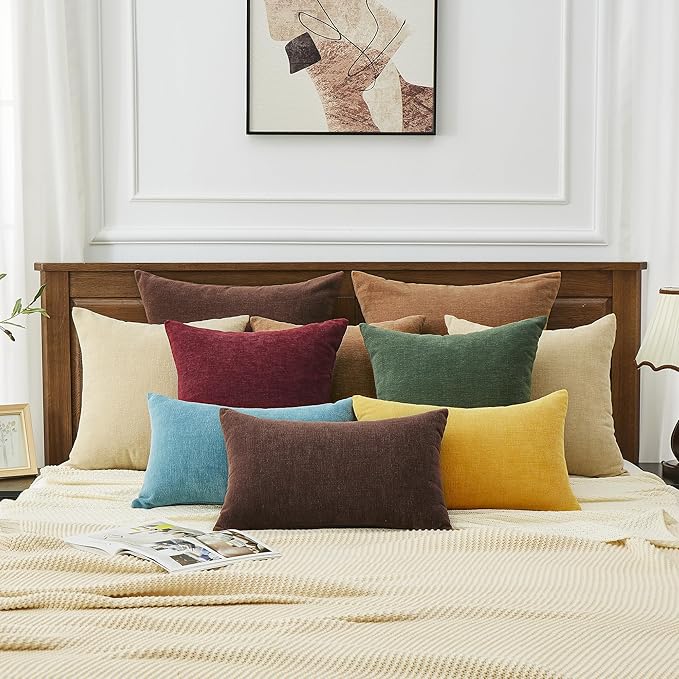 GAWAMAY Lumbar Decorative Throw Pillow Covers 12"x20" Inch Set of 2, Super Soft Chenille Rectangle Pillowcase for Living Room Bedroom Sofa Couch Cushion Support Pillow Cover 30x50cm Brown (No Insert)