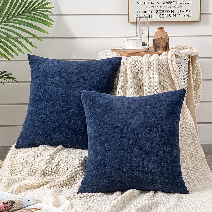 GAWAMAY Decorative Square Throw Pillow Covers 20"x20" Inch Set of 2, Super Soft Chenille Pillows Farmhouse Fall Pillowcase for Living Room Bedroom Sofa Couch Cushion Cover Navy Blue 50x50cm