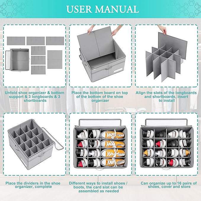LUVHOMEE Shoe Organizer for Closet, Fits 16 Pairs, Large Shoe Box Storage Containers, Clear Foldable Shoe Storage Bins w/Bottom Support, Space Saving Shoes Holder w/Reinforced Handles, Gray