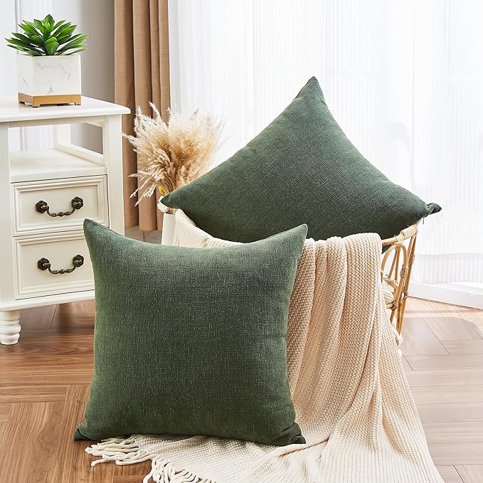 GAWAMAY Decorative Square Throw Pillow Covers 18"x18" Inch Set of 2, Super Soft Chenille Pillows Cover Pillowcase for Living Room Bedroom Sofa Couch Cushion Cover Dark Green 45x45cm (No Insert)