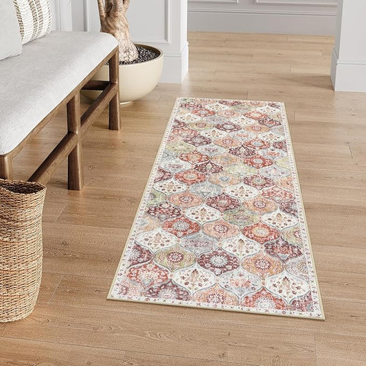 Lahome Moroccan Trellis Hallway Rug, 2x5 Washable Runner Rug Non Slip Kitchen Runners for Hallways, Ultra-Thin Vintage Carpet for Bedroom Bathroom Entryway, Orange/Terracotta