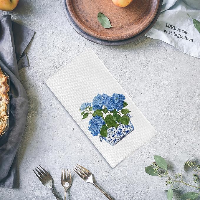 Chinoiserie Kitchen Towels 16x24 Inches - Blue and White Hydrangea Floral Dish Towels, Decorative Hand Towels for Bathroom and Kitchen