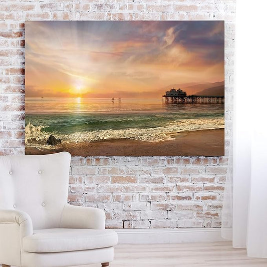 Renditions Gallery Canvas Nature Art Prints Evening Sunset at Calm Sandy Beach Wall Hanging Artwork for Bedroom Office Home Decorations - 32"X48" LT08