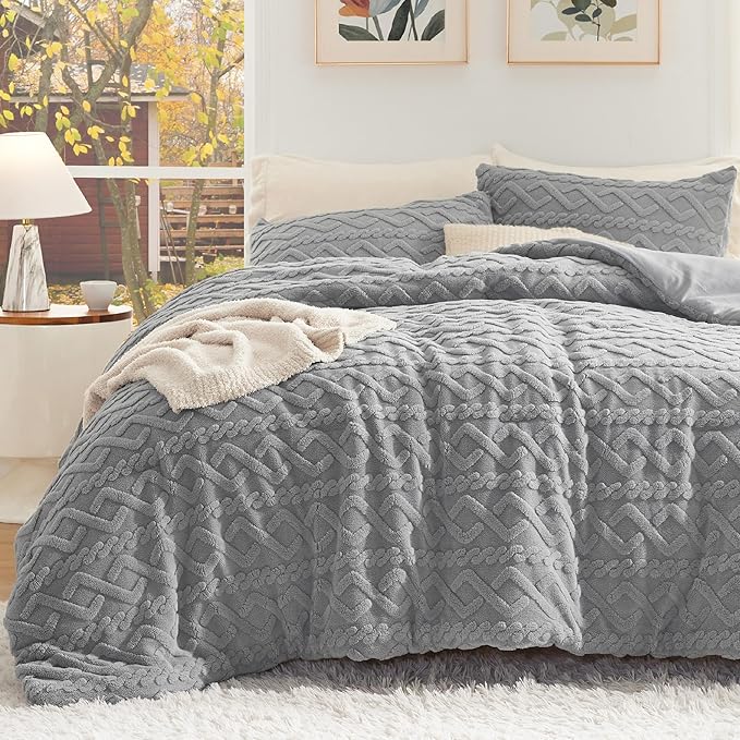 Bedsure King Size Fluffy Comforter Set, Grey Plush Fleece Bed Set King, Luxury Jacquard Farmhouse Boho Soft Warm Bedding for Winter, 1 Comforter (104"x90") and 2 Pillowcases (20"x36")