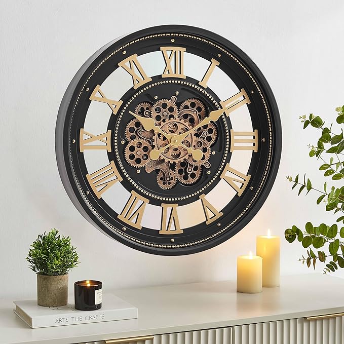 CLXEAST 24 Inch Wall Clock with Moving Gears, Large Roman Numeral Gear Clock for Living Room Decor,Modern Black& Gold Finish,House Warming Gifts New Home