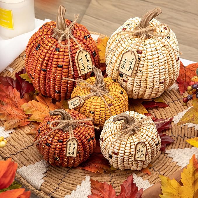 Briful Pumpkins Fall Decoration, 3PCS Decorative Corn Cob Pumpkins Resin Fake Pumpkins Autumn Home Rustic Decor for Thanksgiving Harvest Halloween Table Centerpieces Shelf Indoor Outdoor Porch