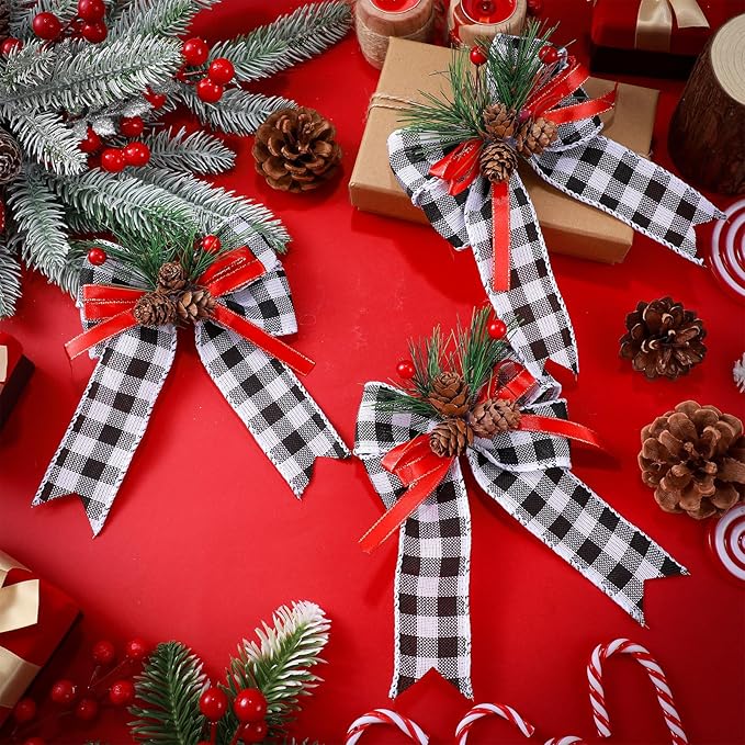 Syhood 6 Pcs Christmas Bows with Pine Cones Pine Needles Xmas Plaid Bows Black White Ribbon Christmas Tree Wreath Decoration for Xmas Parties Indoor Outdoor Crafts DIY Decor