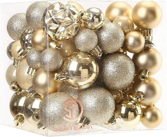 Sea Team 70-Pack Shatterproof Plastic Christmas Ball Ornaments Set, Multi-Size Christmas Baubles, Hanging Decorations for Xmas Tree, Wreath, Garland, (1.18-1.97 Inches, Gold)
