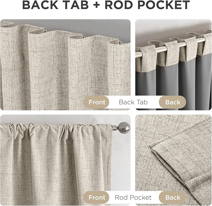 Joydeco Blackout Curtains for Bedroom - 100% Light Blocking 2 Panels Light Beige Drapes 37"W x 63"L, Thermal Insulated Room Darkening Curtains, Linen Textured for Living Room, Rod Pocket & Back Tabs
