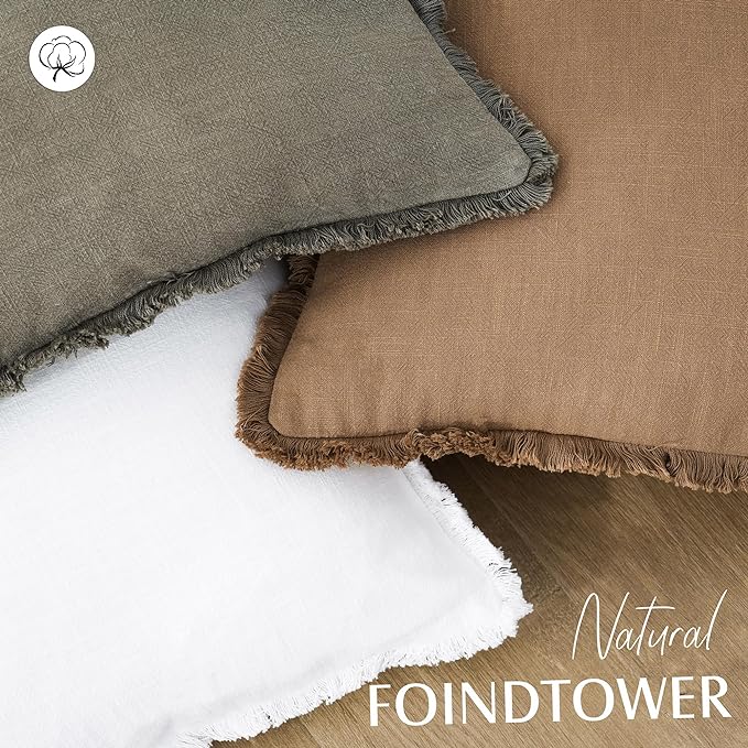 Foindtower Set of 2 Decorative Linen Fringe Throw Pillow Covers Cozy Boho Farmhouse Cushion Cover with Tassels Soft Accent Pillowcase for Couch Sofa Bed Living Room Home Decor, 26×26 Inch, Khaki Brown