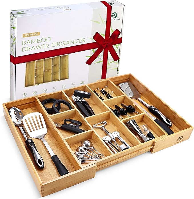 Expandable Drawer Organizers for Kitchen - Extra Deep Non-Slip 17” x 14.6” (expands up to 25 inches) - Dark Wooden Silverware Divider (10 Compartments) – Organize Cooking Utensils