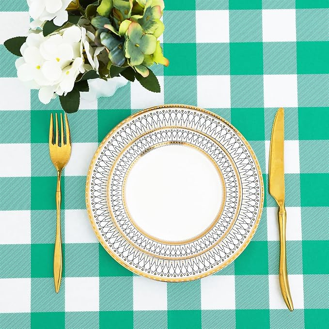 misaya Square Waterproof Vinyl Table Cloth, Buffalo Flannel Backed Tablecloth, Wipeable Plastic Table Cover for Dinner, Kitchen, Outdoor (60" x 60", Green and White)