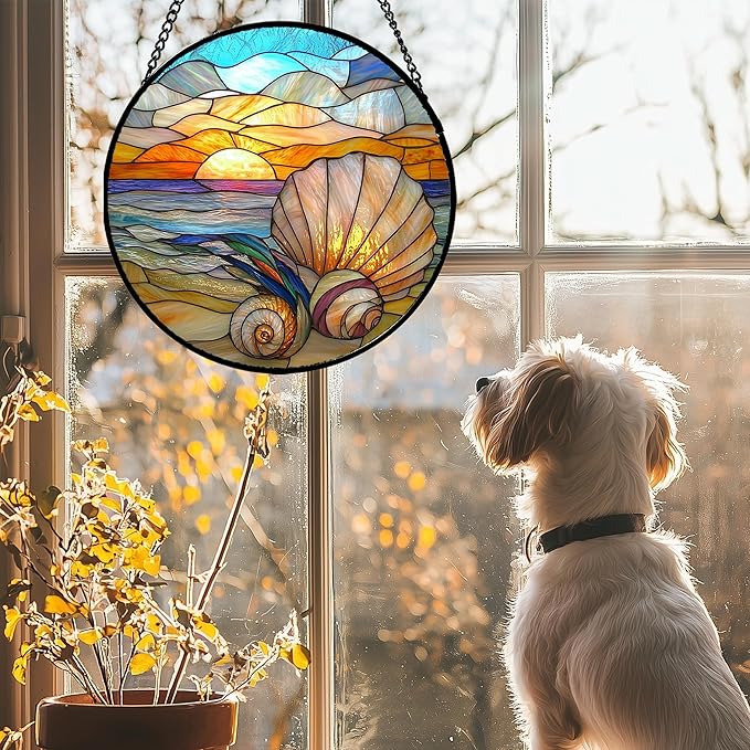 Stained Glass Window Hanging - Colorful Beach Shells Conch Sun Catcher for Door Home Decor Ocean Suncatcher Christmas Mother's Day Birthday Sea Lover Gifts for Women Men Mom Nana 7.8 in