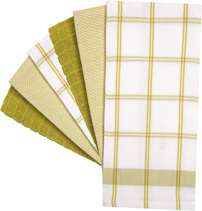 Premium Kitchen Towels (20”x 28”, 6 Pack) – Large Cotton Kitchen Hand Towels – Flat & Terry Towel – Highly Absorbent Tea Towels Set with Hanging Loop (Lime Green Check)