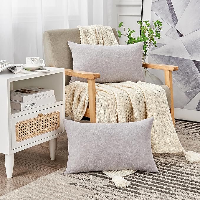 GAWAMAY Lumbar Support Pillow Decorative Throw Pillow Covers 12"x20" Inch Set of 2, Super Soft Chenille Pillowcase for Living Room Bedroom Sofa Couch Cushion Cover Light Grey 30x50cm (ONLY Covers)