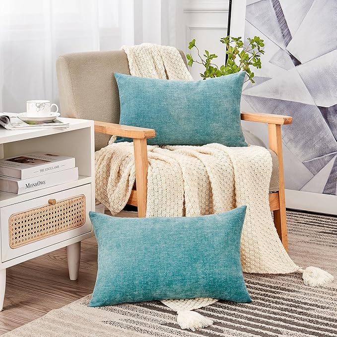 GAWAMAY Lumbar Decorative Rectangle Throw Pillow Covers 12"x20" Inch Set of 2, Super Soft Chenille Pillowcase for Sofa Living Room Bedroom Couch Cushion Cover Smoke Blue 30x50cm (ONLY Covers)