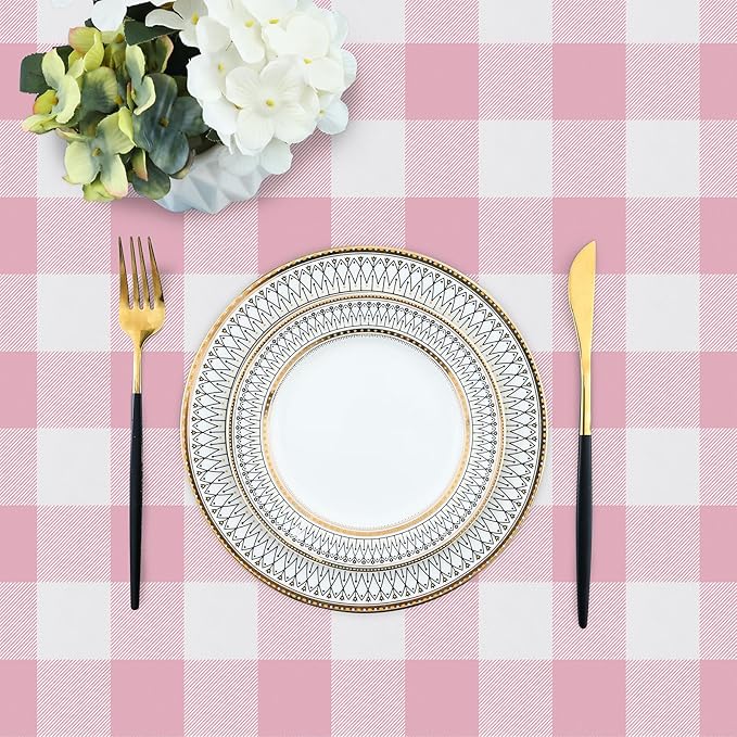 misaya Square Waterproof Vinyl Table Cloth, Buffalo Flannel Backed Tablecloth, Wipeable Plastic Table Cover for Dinner, Kitchen, Outdoor (54" x 54", Pink and White)