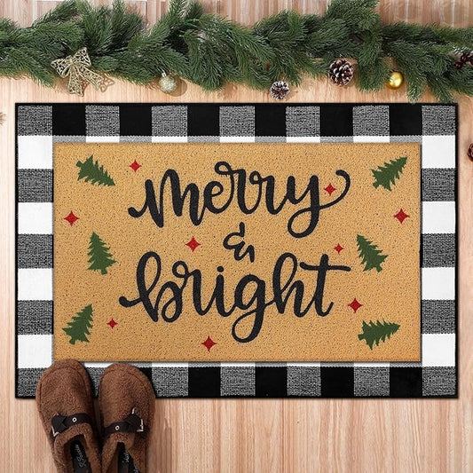 2 Pcs Christmas Welcome Door Mat Merry Bright Outdoor Welcome Mats for Front Door Non Slip Xmas Tree Coir Floor Mat Black White Check Christmas Rug for Outside Front Porch Entryway Decor