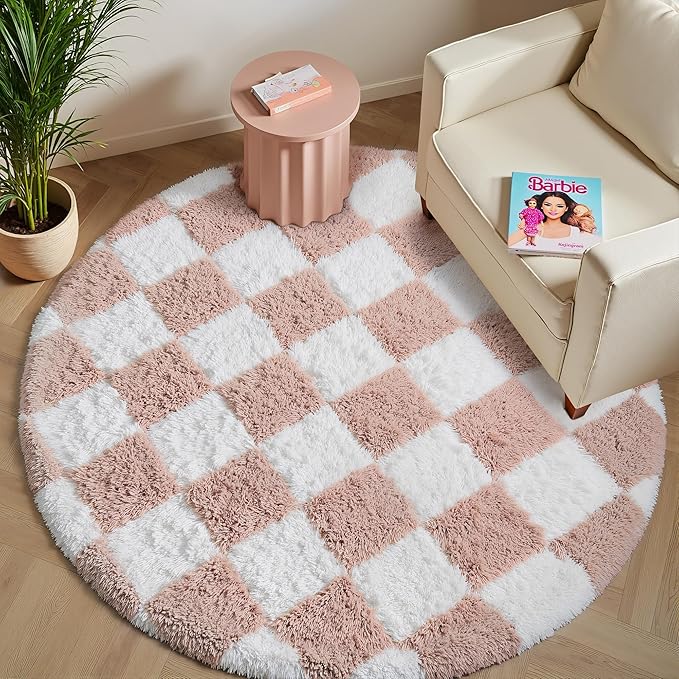 Checkered Rug 4x4 for Living Room, Pink and White Modern Shag Rug Super Soft Washable Indoor Fuzzy Carpet Non-Slip Fluffy Rugs for Bedroom Home Aesthetic Decor